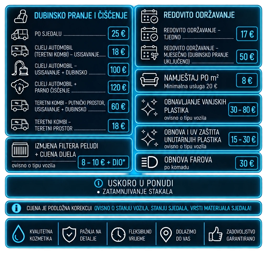 AMF Detailing cjenik. Sve cijene dostupne su i u tekstualnom prikazu ispod slike.